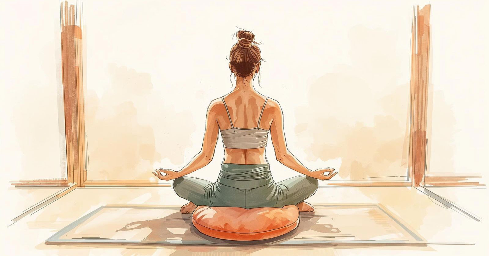 donna medita seduta su un cuscino zafu