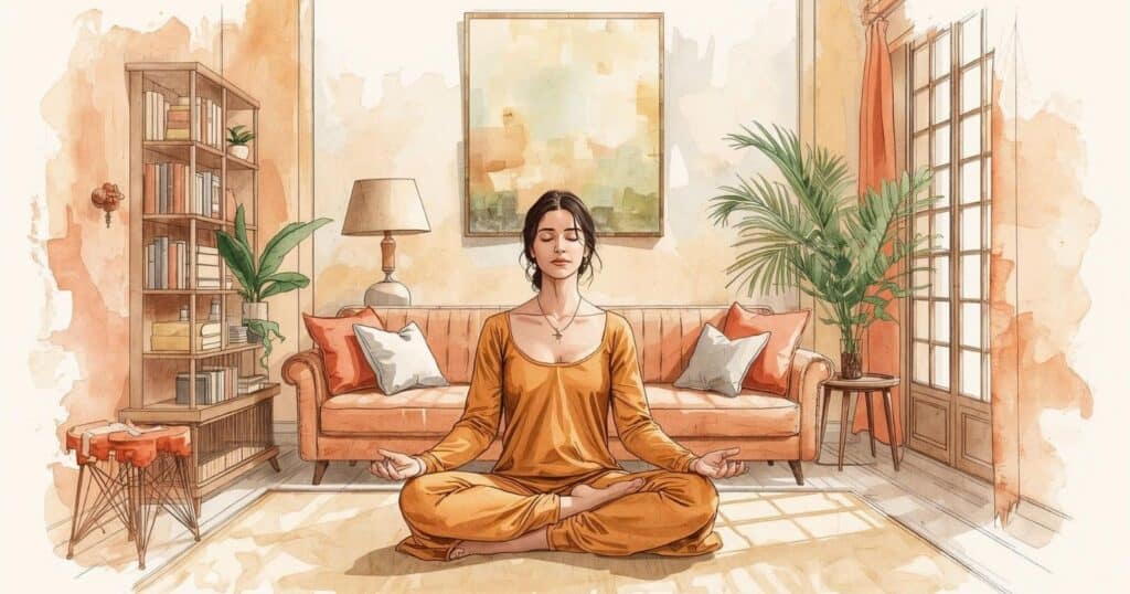 Donna in meditazione in una stanza zen con arredi caldi e naturali.