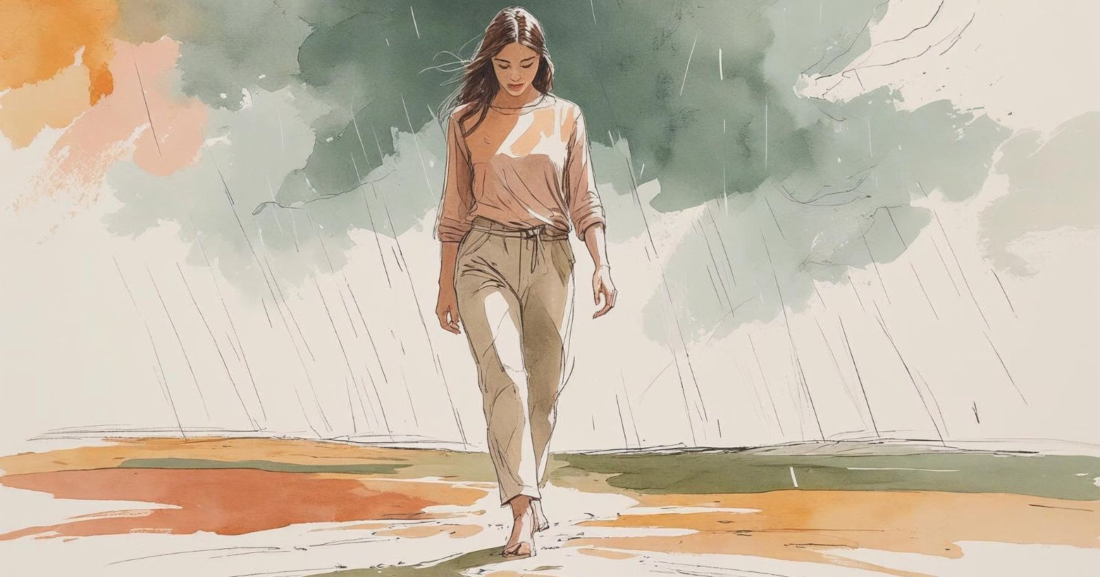 donna cammina sotto a un temporale