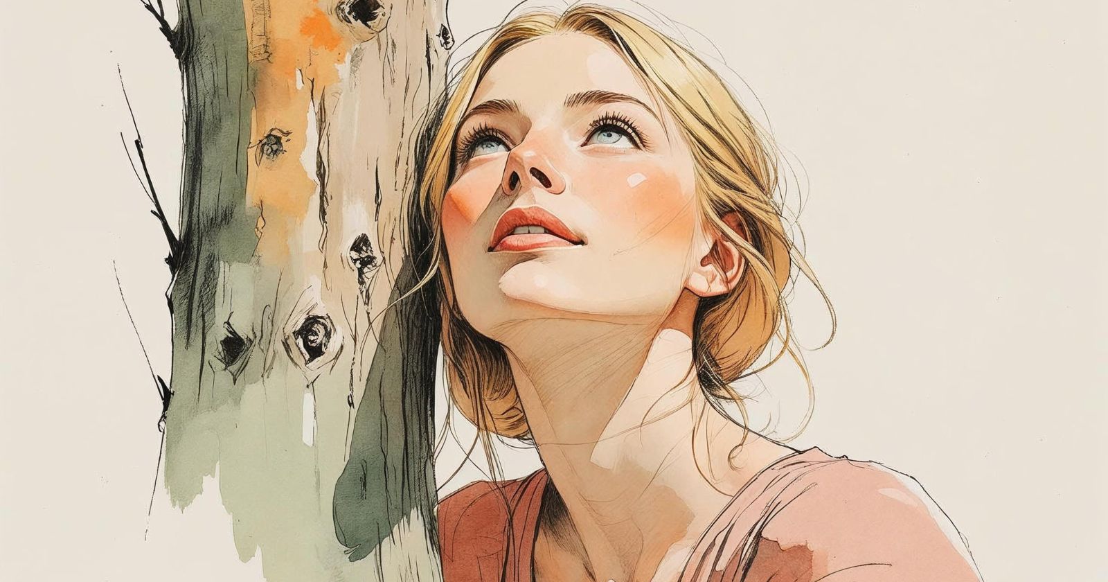 una donna poggiata al tronco di un albero guarda verso l'alto