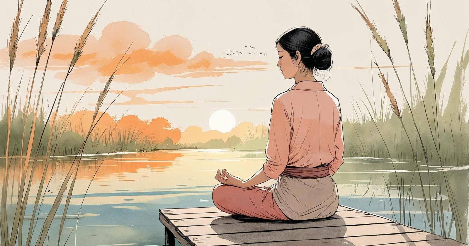persona medita su un molo davanti a uno stagno