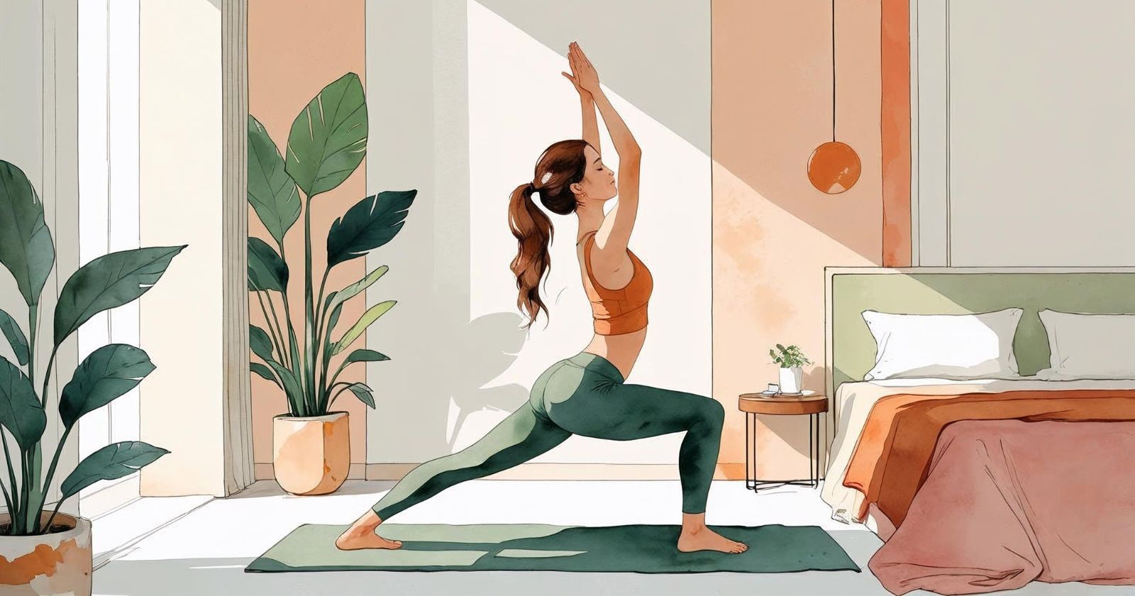 donna pratica yoga in una camera d'albergo