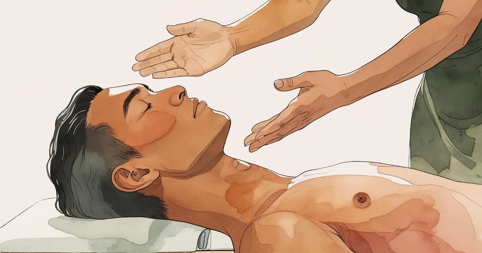 uomo sdraiato su un tavolo riceve un trattamento reiki
