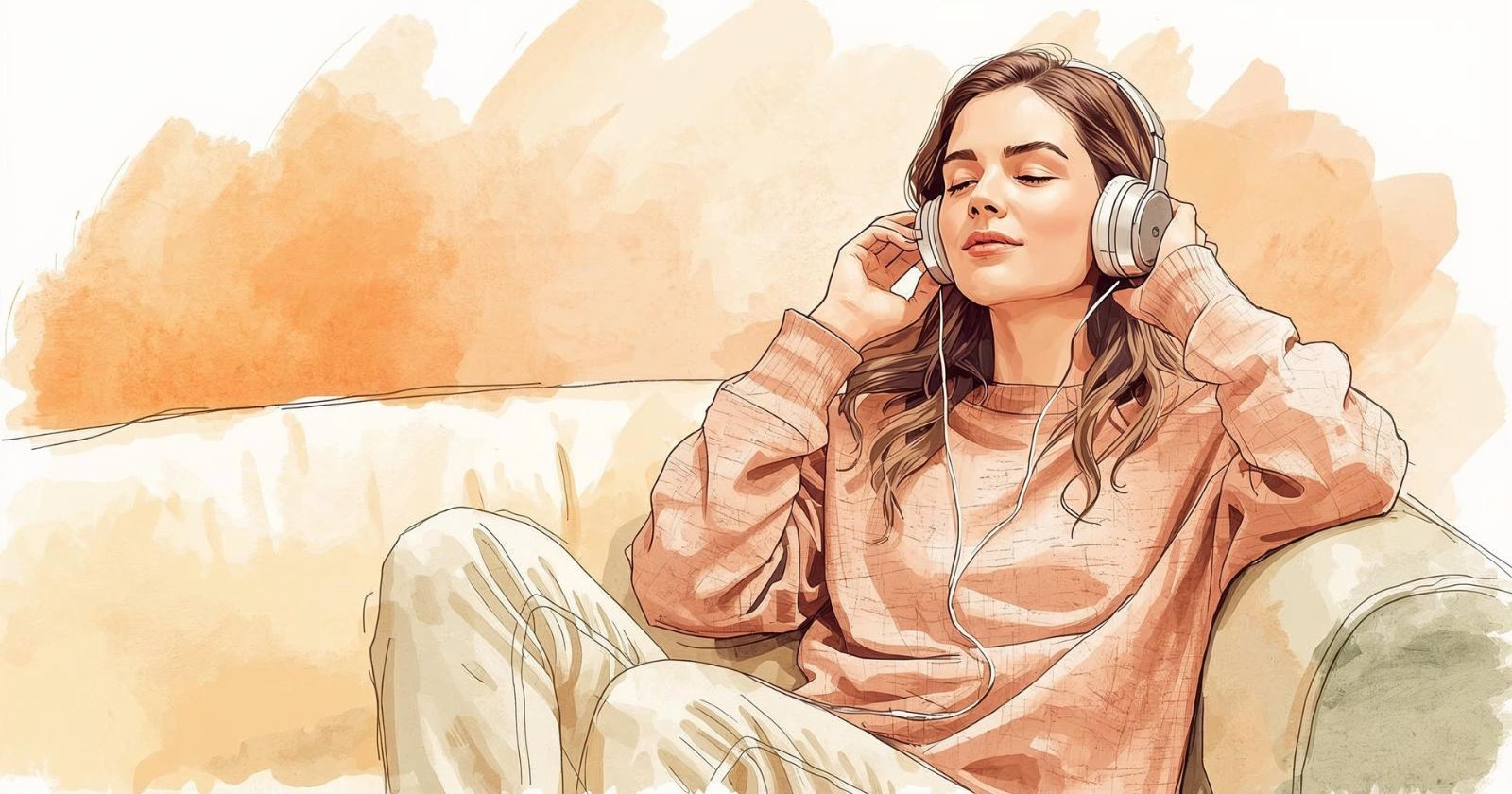 donna ascolta un audiolibro con le cuffie sul divano