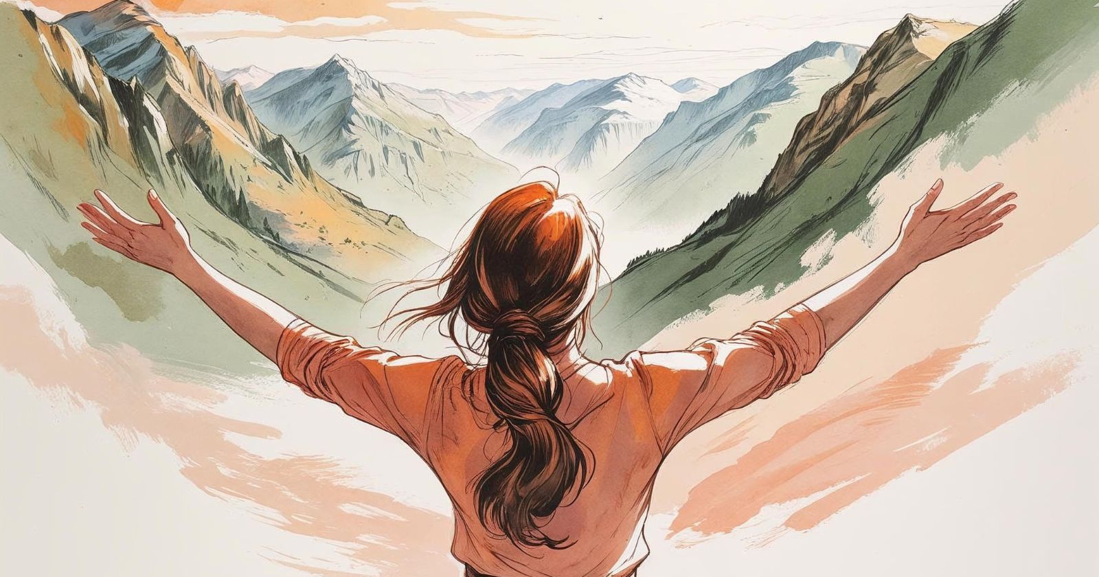 donna con le braccia aperte vista di spalle e una valle di montagna sullo sfondo