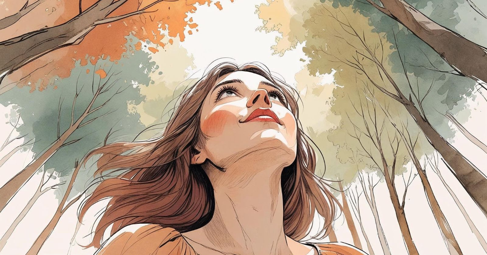 donna guarda in alto verso gli alberi in una foresta