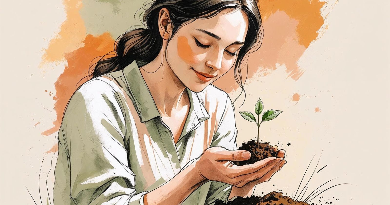 una donna regge della terra con un piccolo germoglio