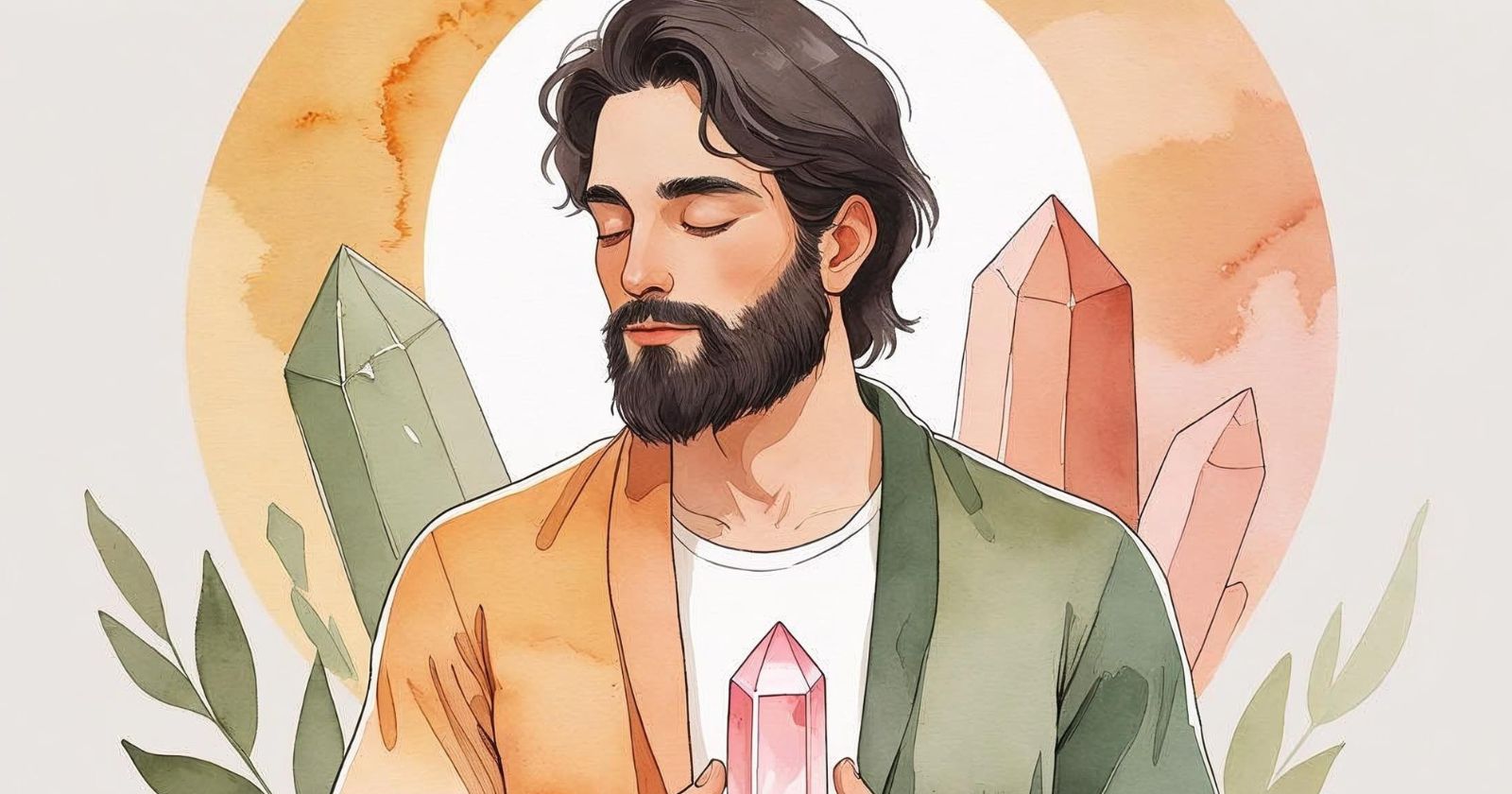 uomo medita con un cristallo poggiato sul petto