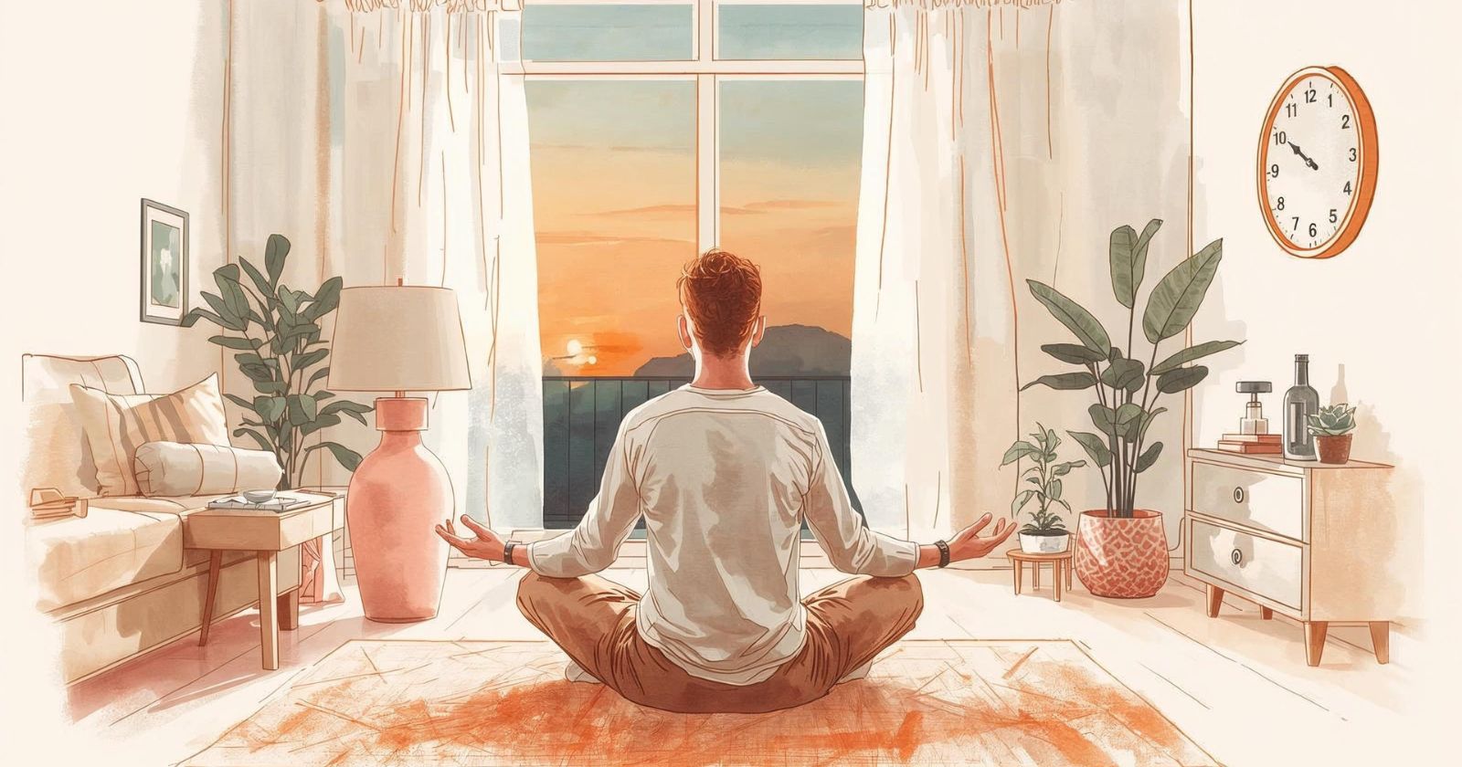 uomo di spalle che medita al tramonto