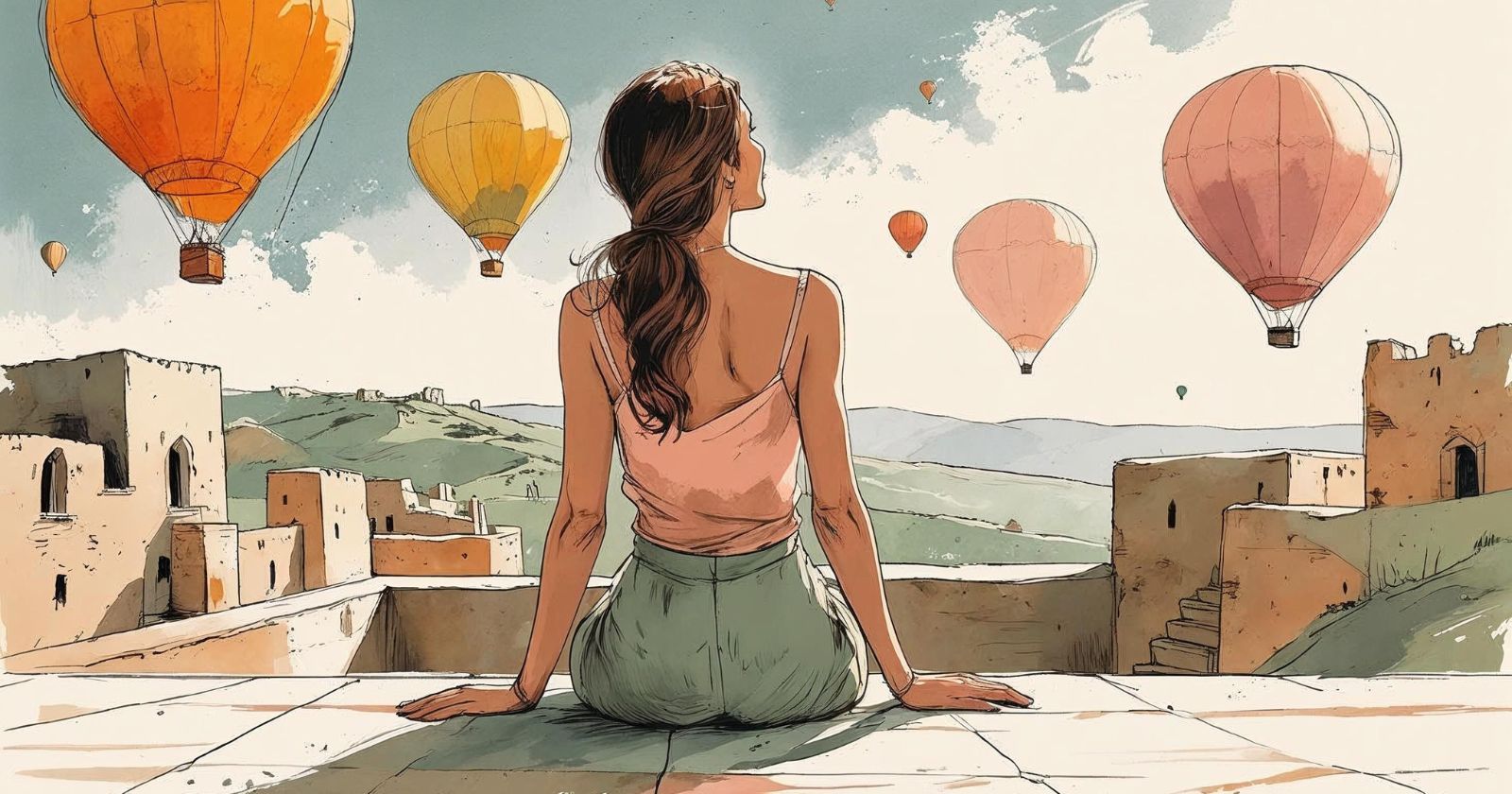 donna vista di spalle seduta su un terrazzo osserva delle mongolfiere nel cielo