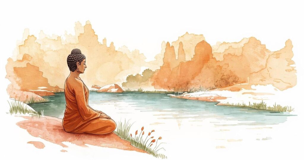 buddha medita sulle rive di un fiume