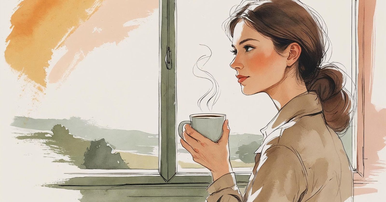 donna guarda fuori dalla finestra con una tazza di caffè tra le mani