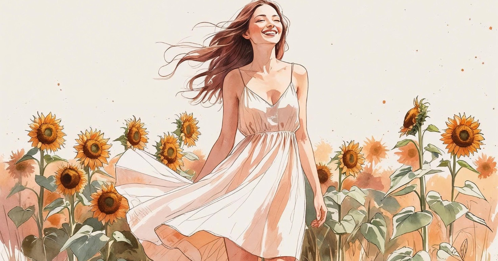 donna in un vestito estivo in un campo di girasoli