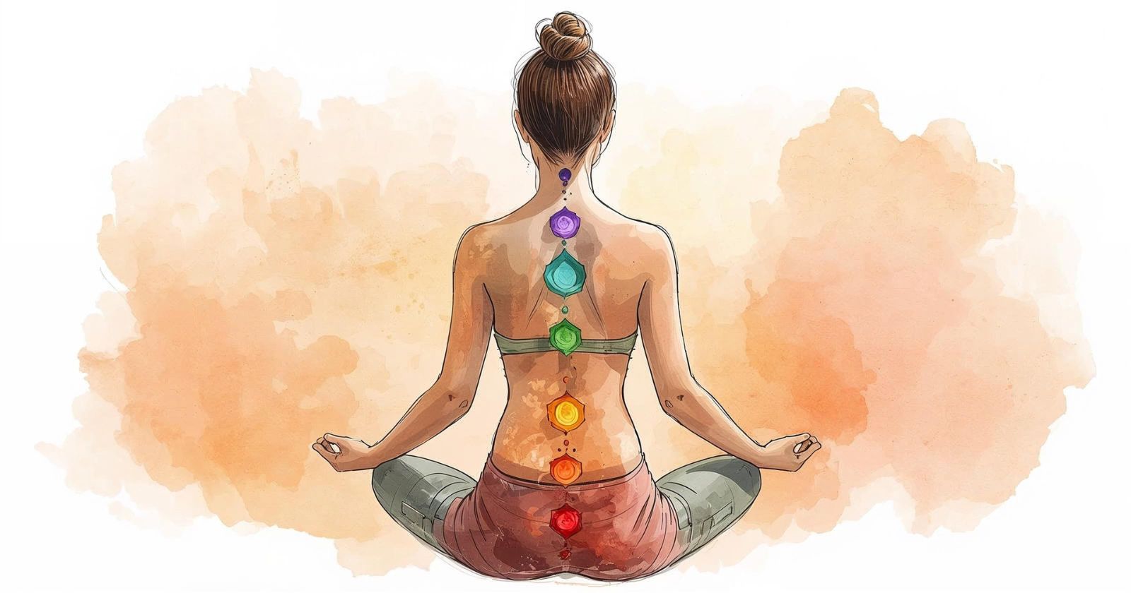 persona in meditazione attraversata dall'energia dei sette chakra