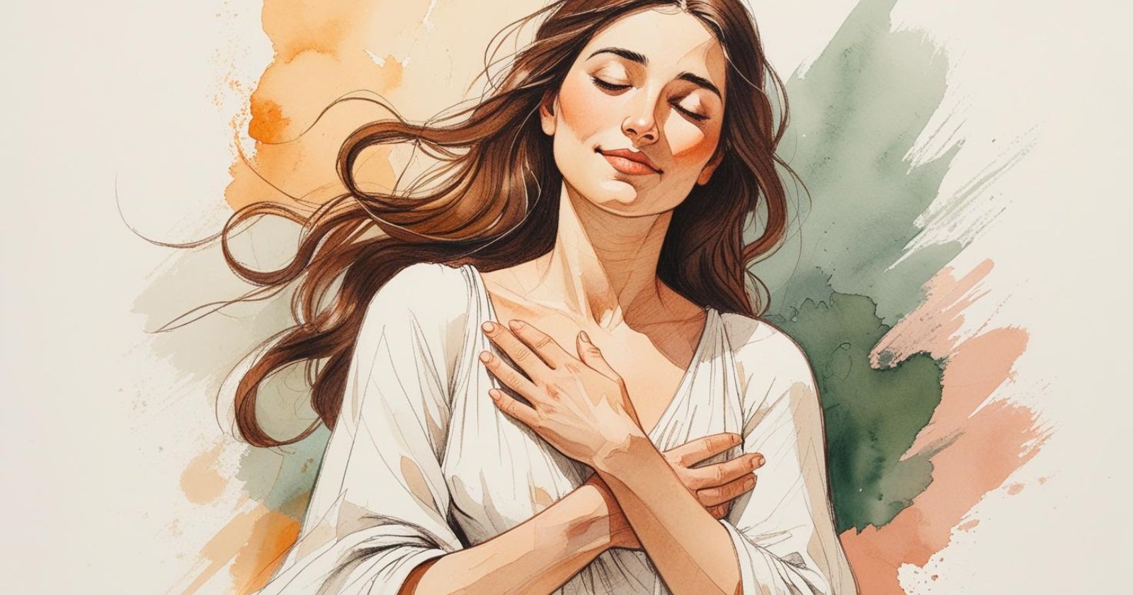 donna con un'espressione felice si tiene una mano sul cuore