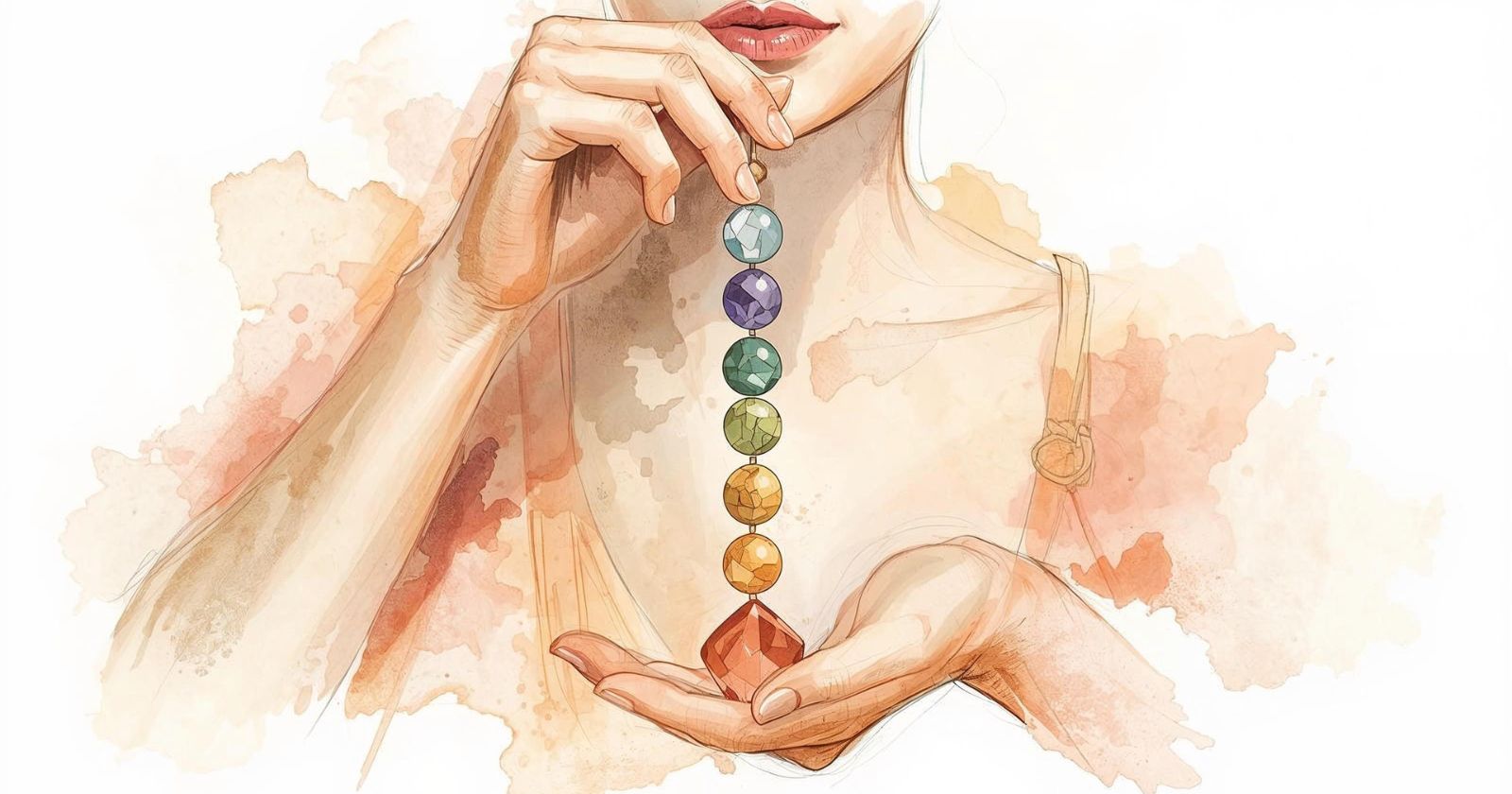 donna regge un pendolo con le pietre dei sette chakra