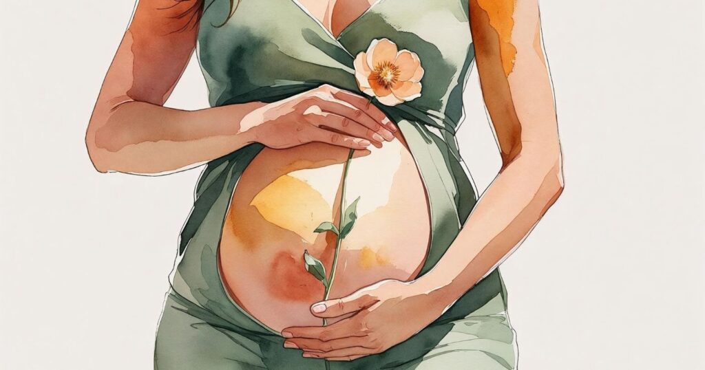 donna tiene un fiore davanti al suo stomaco