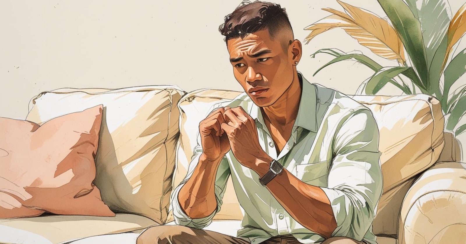 uomo seduto su un divano con un'espressione preoccupata