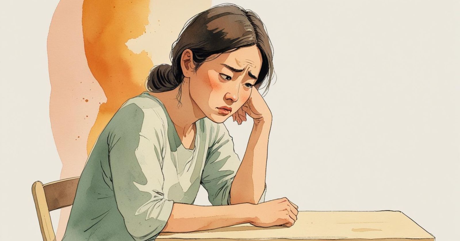 donna seduta a un tavolo, preoccupata