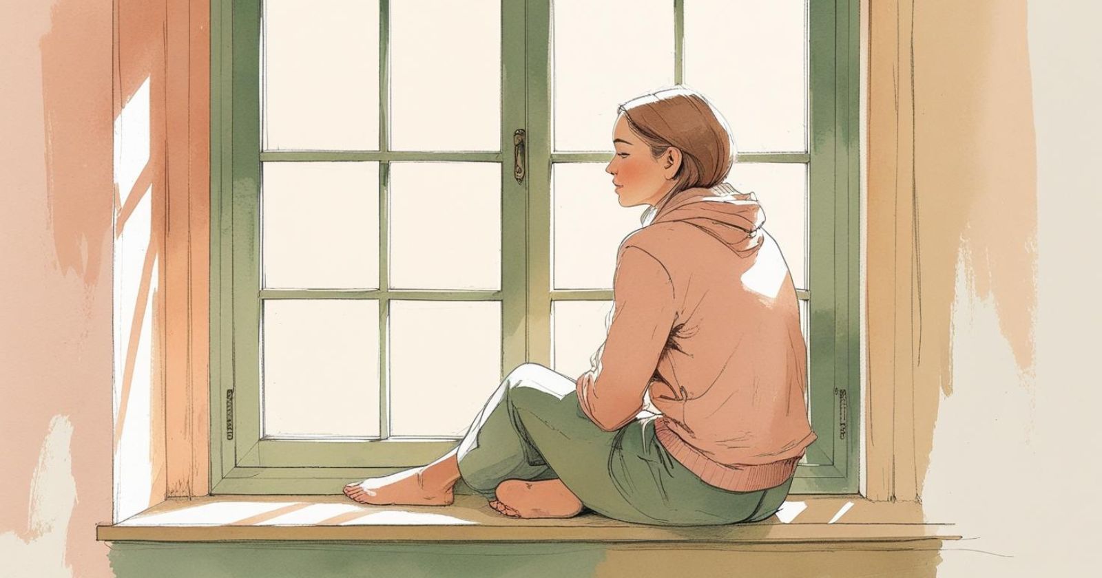 ragazza seduta sul davanzale di una finestra con espressione pacifica