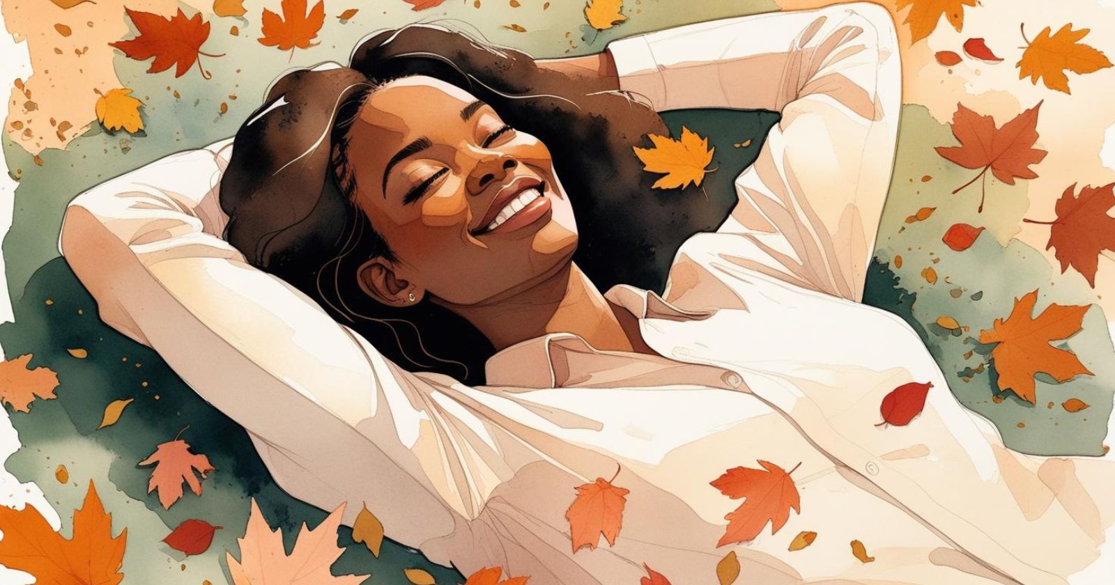 donna sorride sdraiadata tra le foglie autunnali