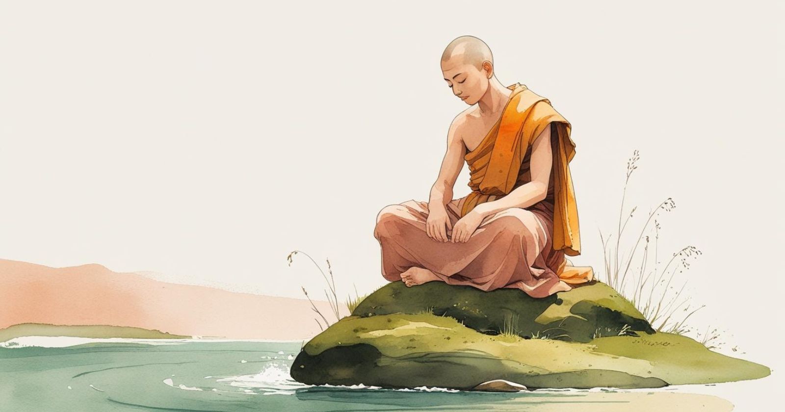 monaco buddista seduto su un masso in riva a un fiume