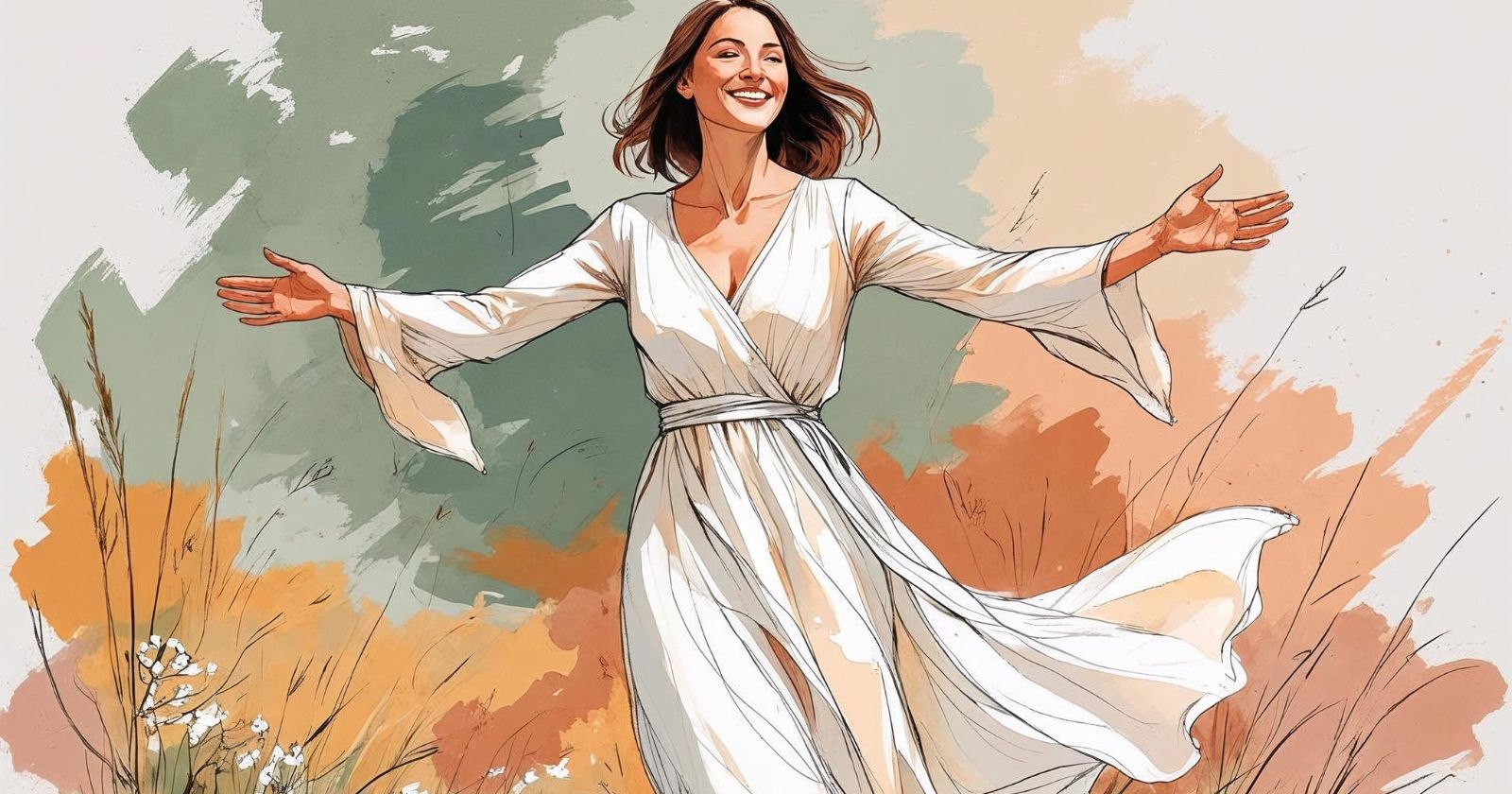 donna con le braccia aperte in un vestito bianco