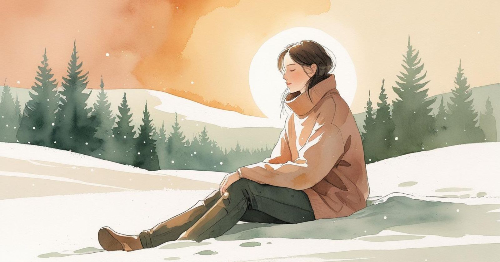 donna seduta nella neve in inverno