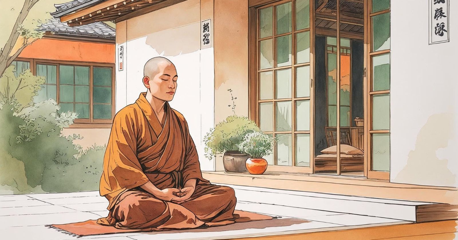 monaco buddista zen seduto in meditazione