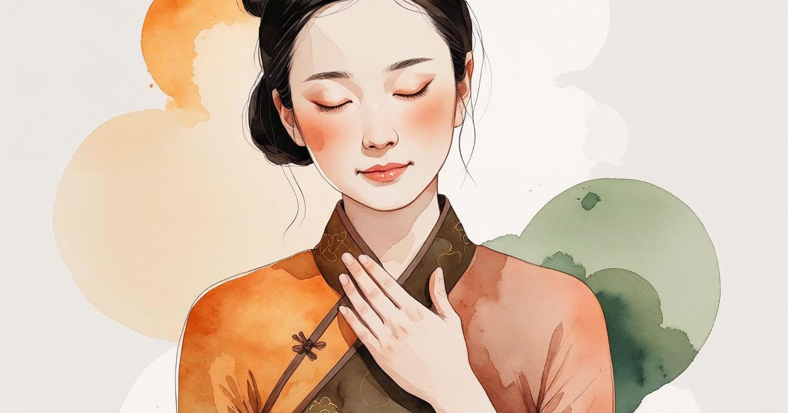 donna con gli occhi chiusi si tiene una mano sul cuore in un gesto di amore verso il proprio corpo