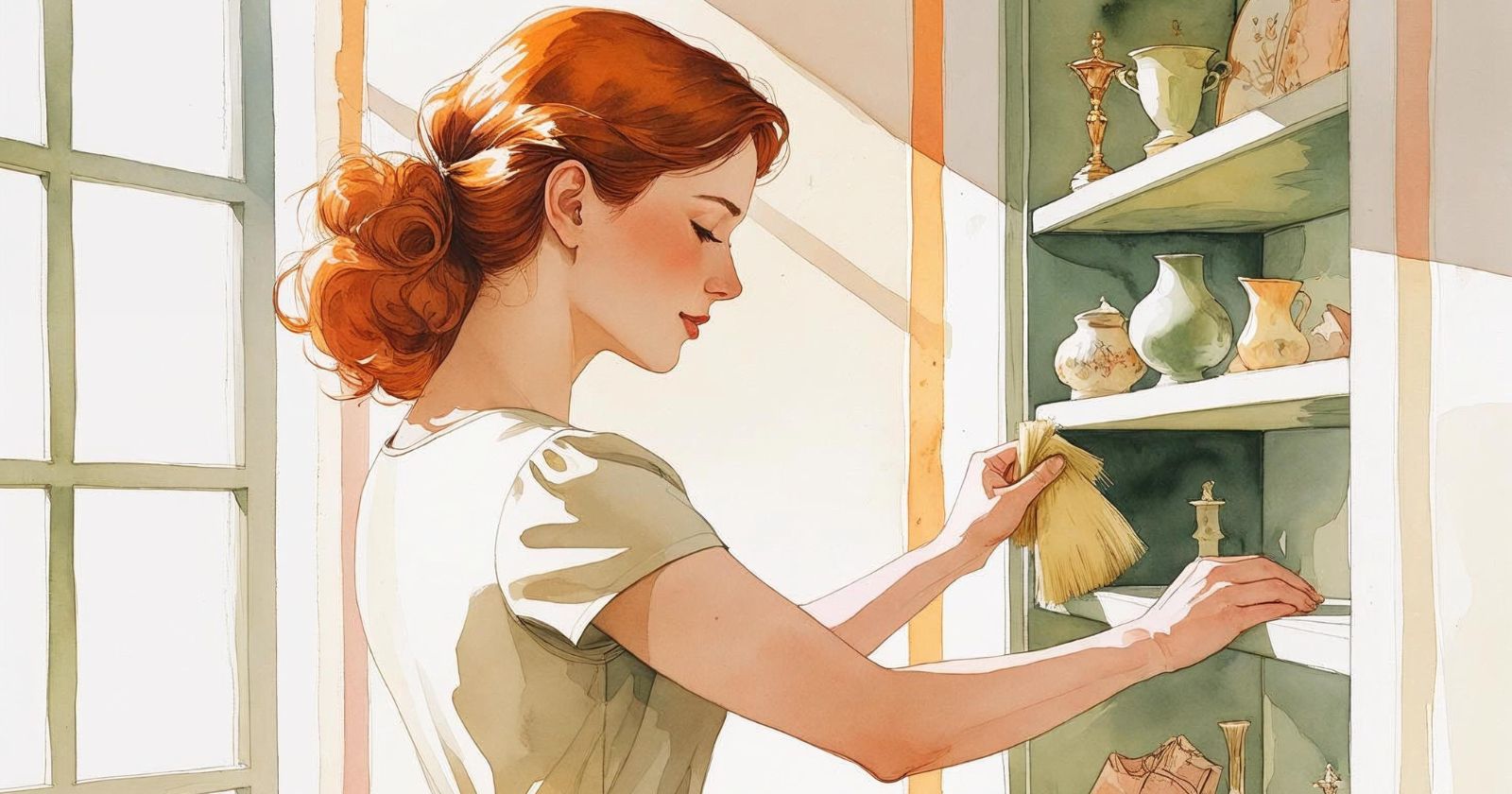 donna pulisce una libreria in casa sua