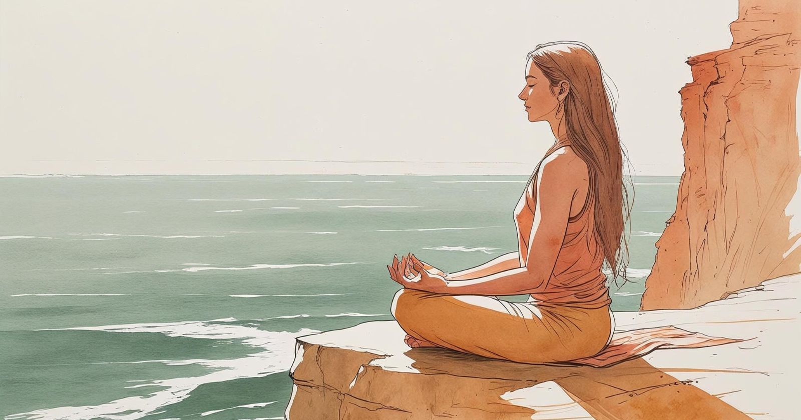 donna medita su una scogliera
