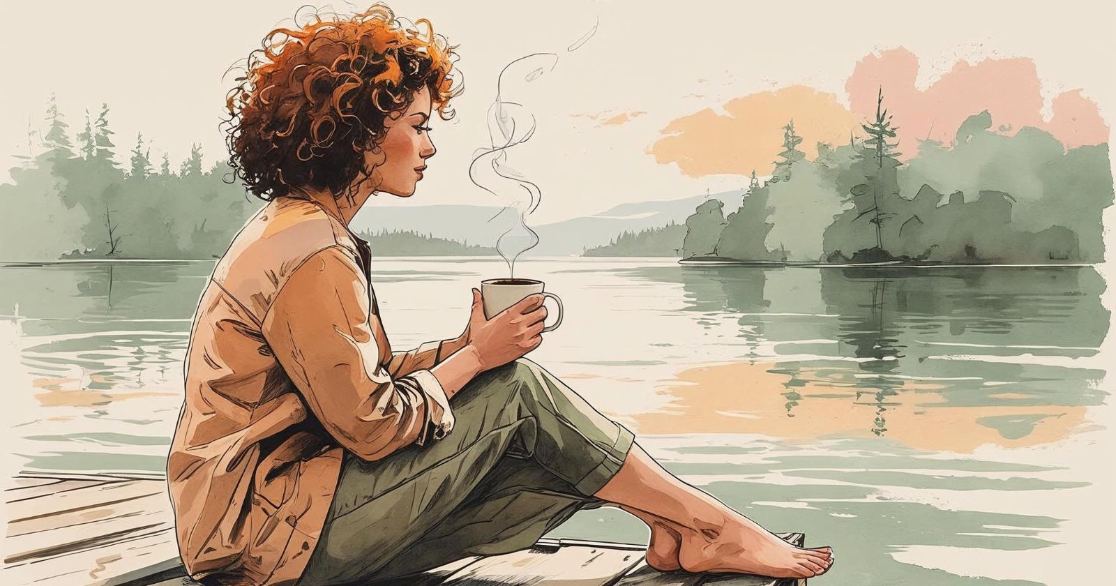 donna seduta su un molo con una tazza di caffè in mano