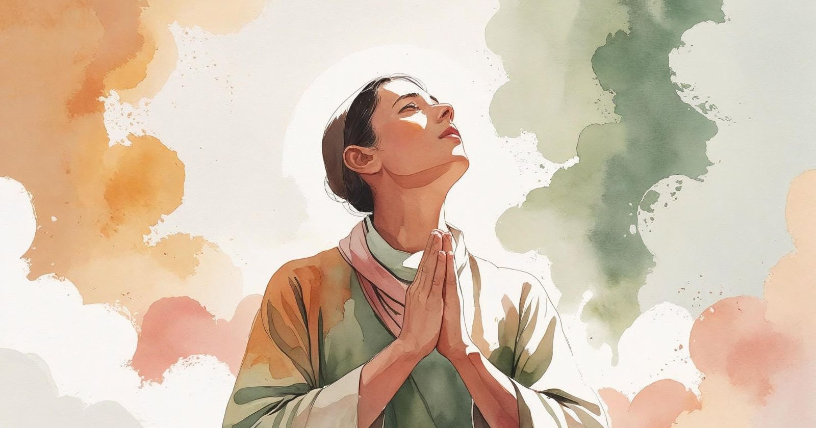 donna con le mani giunte guarda verso il cielo