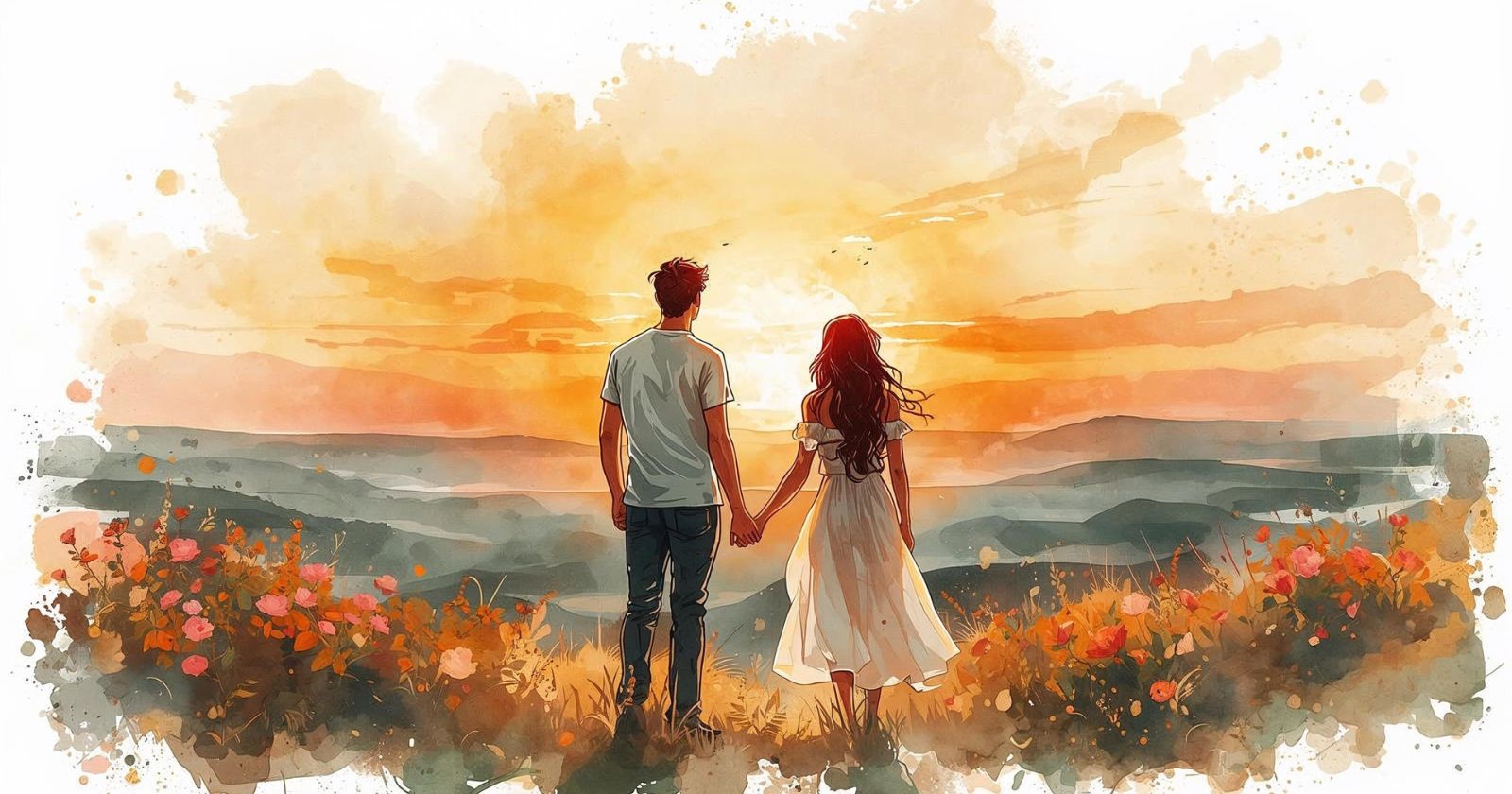 una coppia si tiene per mano guardando il tramonto