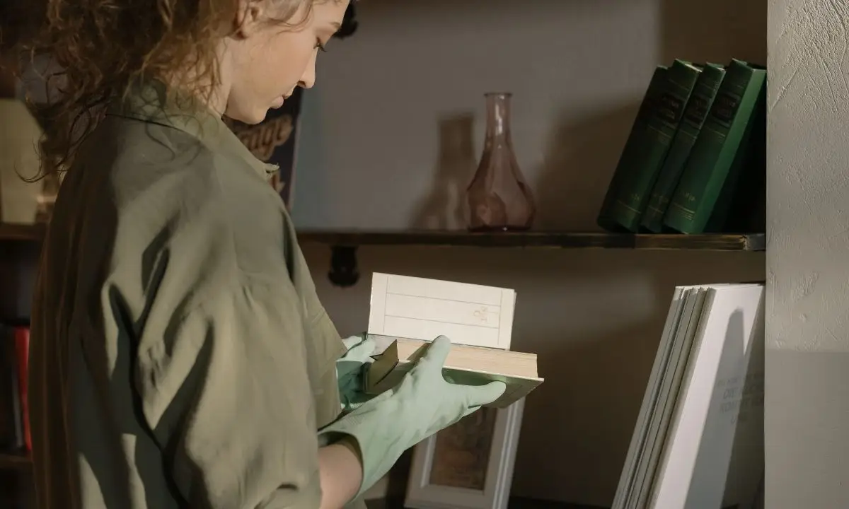 donna pulisce libreria