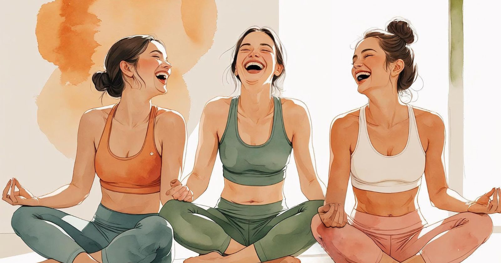 tre ragazze ridono mentre fanno yoga