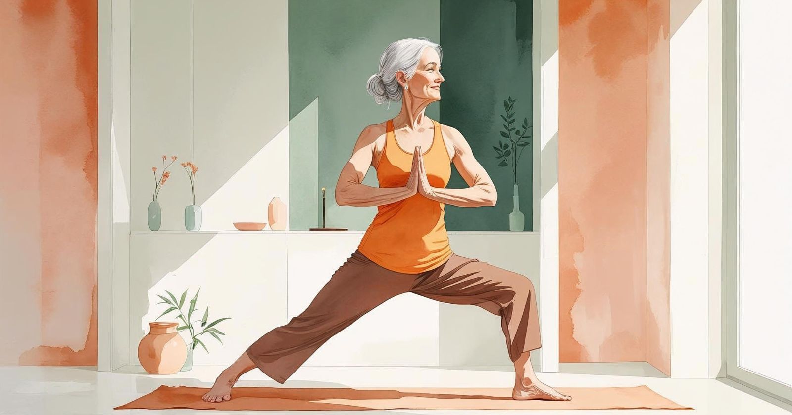 donna anziana in posa guerriero II yoga