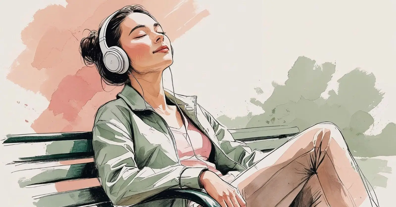 donna ascolta musica seduta su una panchina in un parco