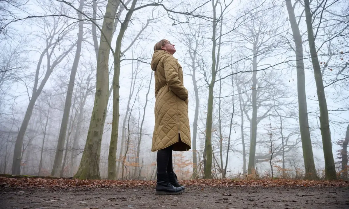 donna in una foresta di alberi spogli in inverno guarda verso il cielo