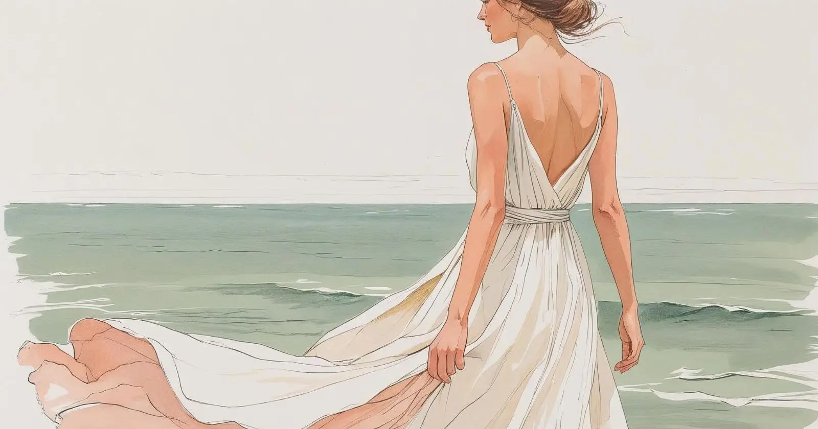 donna con un vestito bianco guarda verso il mare