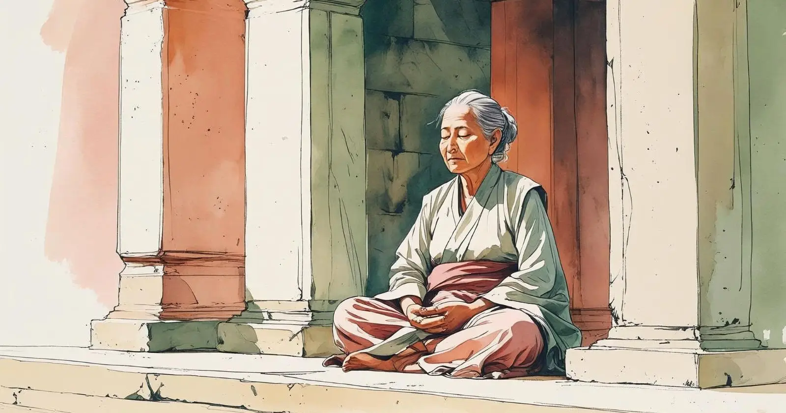 donna anziana medita in un tempio