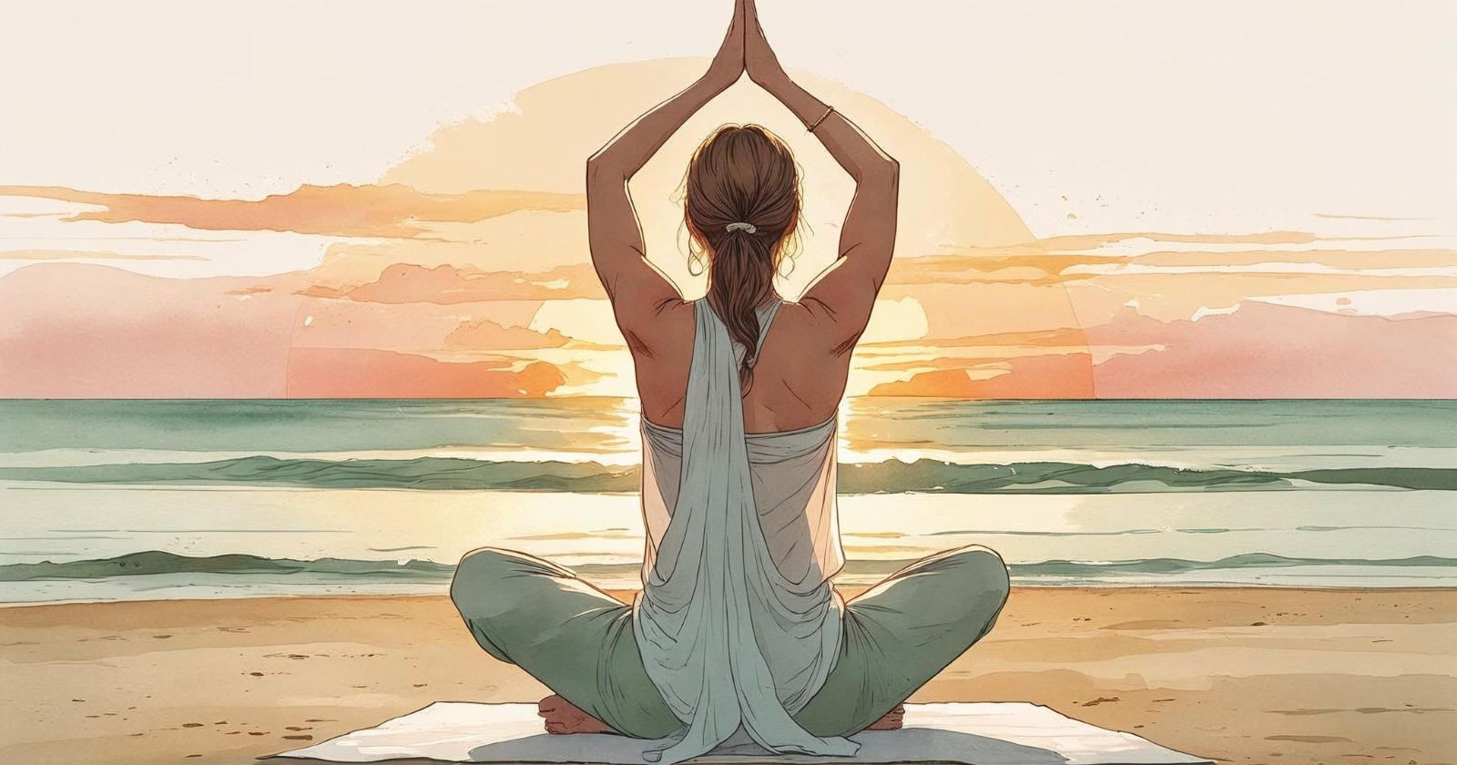donna fa yoga in spiaggia al tramonto