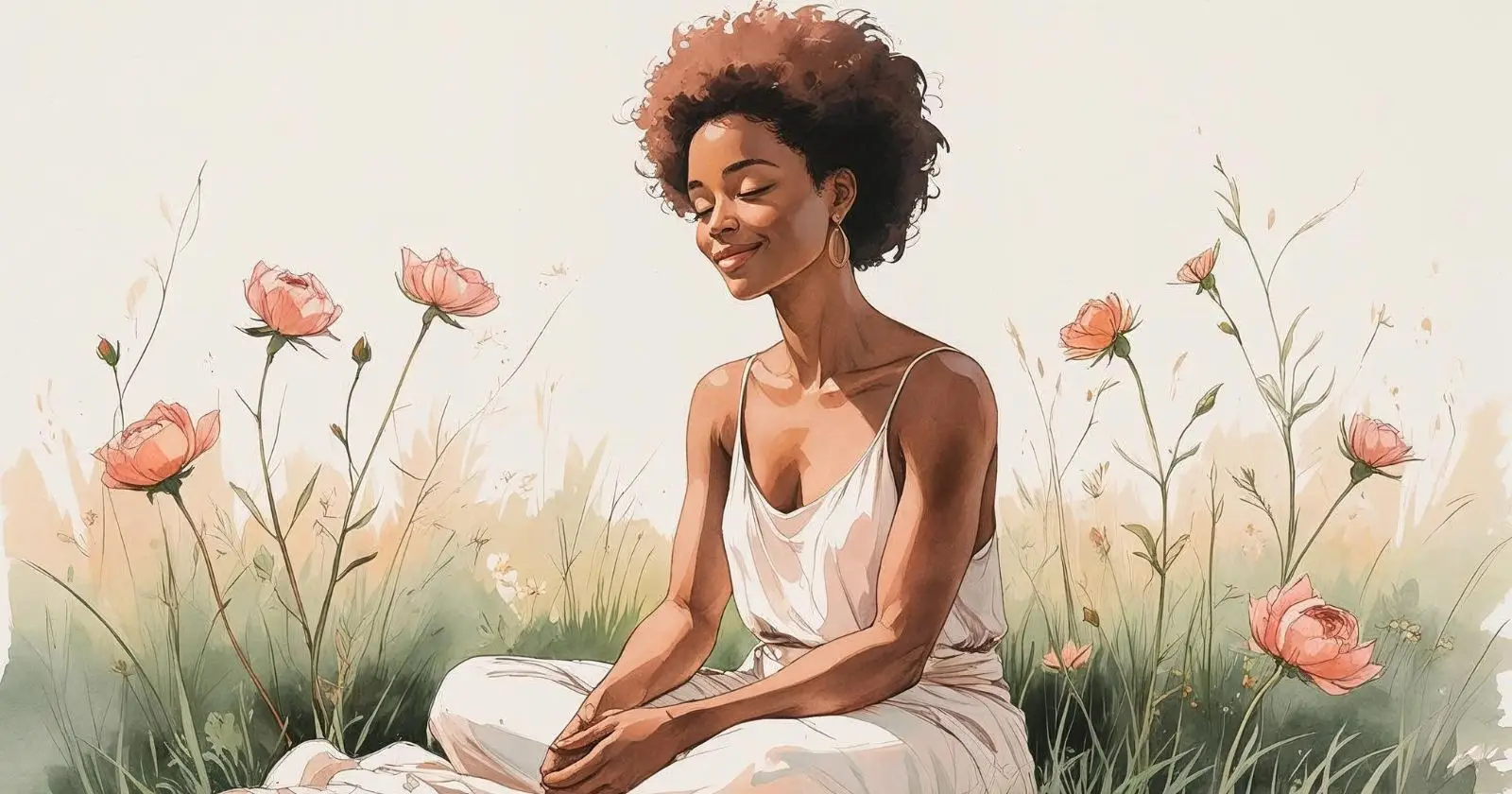 donna sorride contemplativa in mezzo ai fiori