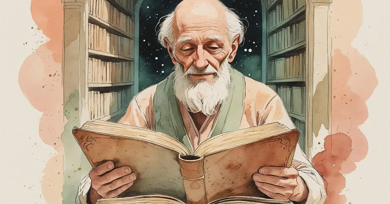 vecchio saggio legge un tomo in una biblioteca
