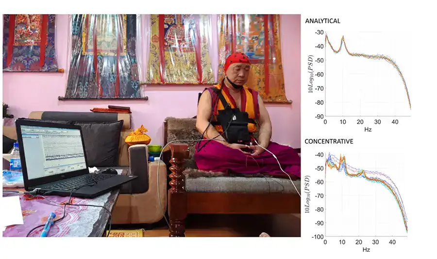 Differenze nelle onde cerebrali tra la meditazione analitica (in alto) e quella concentrativa (in basso) misurate tramite EEG. Credits: Università di Pisa