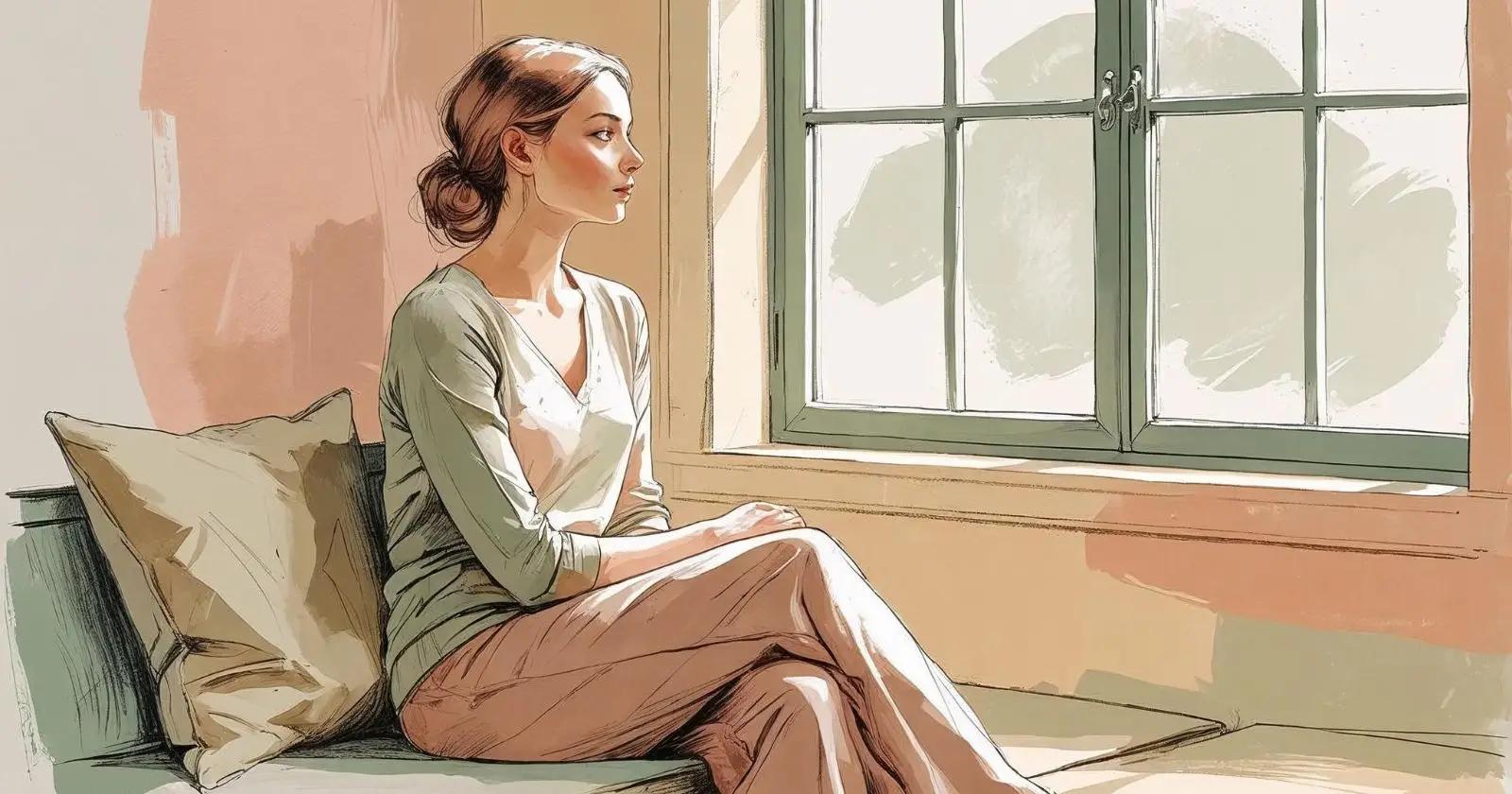 donna guarda fuori dalla finestra pensierosa