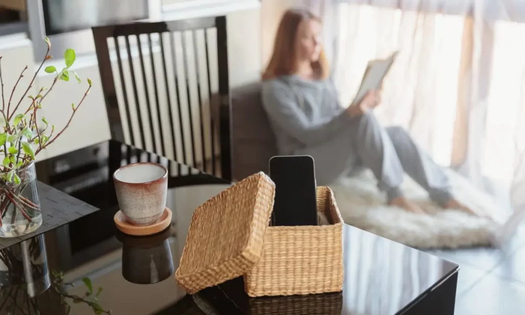donna legge mentre il suo telefono è in un cesto