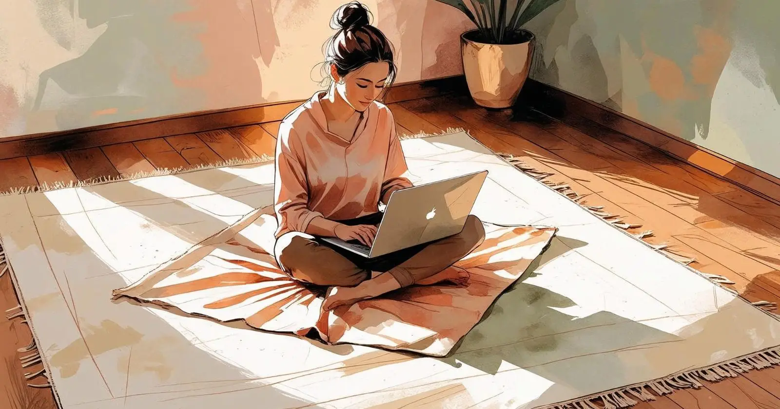 donna al computer seduta sul pavimento