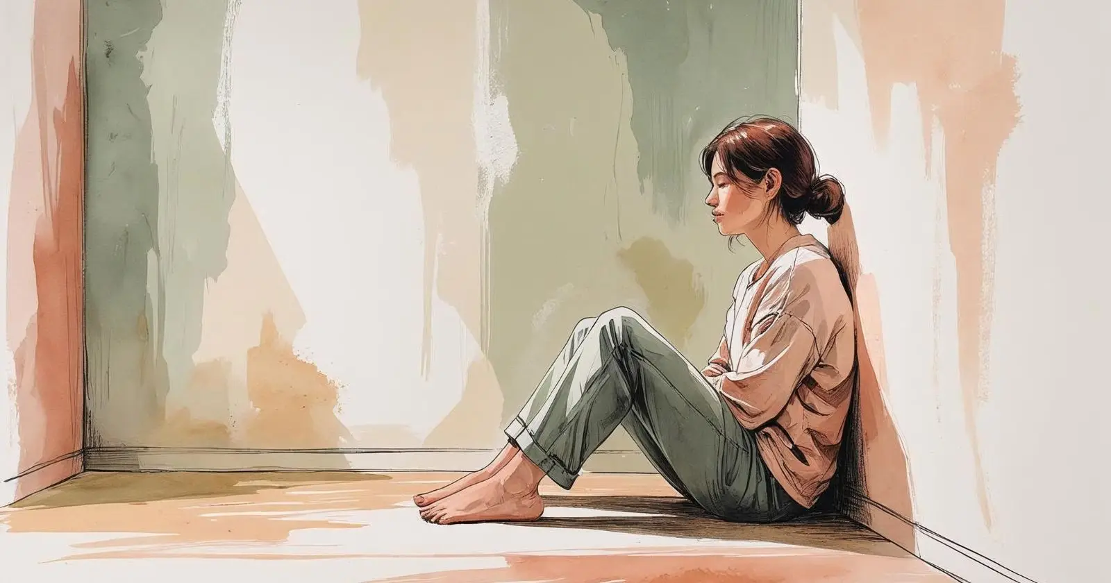 donna seduta sul pavimento di una stanza vuota